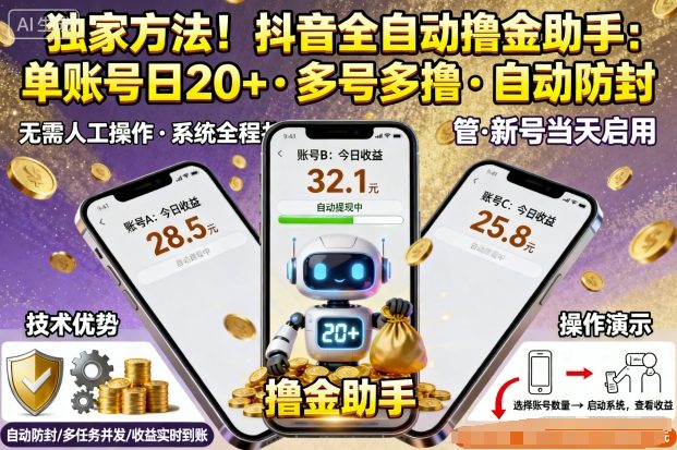 独家方法!最新抖音系列全自动挂G撸金助手,单账号一天20+,多号多撸,自动防封【揭秘】插图 独家方法!最新抖音系列全自动挂G撸金助手,单账号一天20+,多号多撸,自动防封【揭秘】插图
