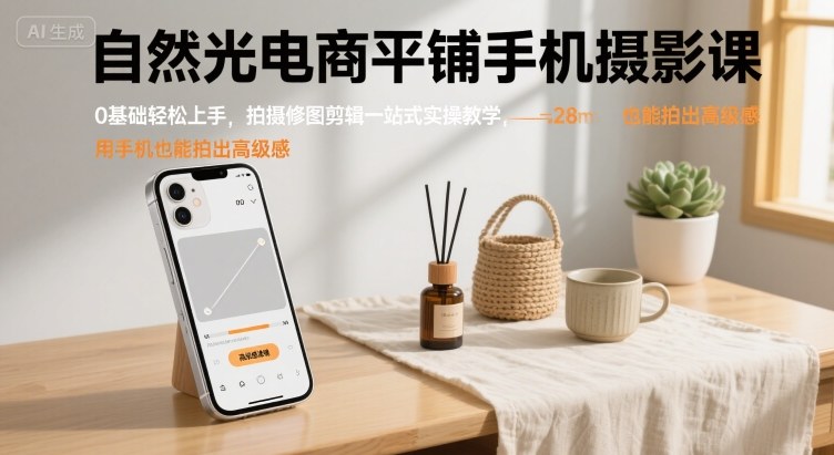 自然光电商平铺手机摄影课，0基础轻松上手，拍摄修图剪辑一站式实操教学，用手机也能拍出高级感插图
