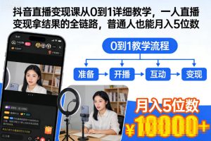 抖音直播变现课从0到1详细教学，一人直播变现拿结果的全链路，普通人也能月入5位数