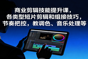 商业剪辑技能提升课,各类型短片剪辑和组接技巧,节奏把控,教调色、音乐处理等