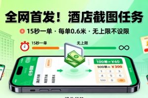 全网首发！酒店截图任务，15秒一单，每单0.6米，任务无上限不设限，矩阵操作单日3张到手【揭秘】