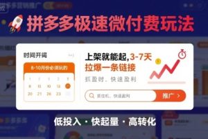 8月26号拼多多极速微付费玩法,8-10月份必须玩的,上架就能起,3-7天拉爆一条链接