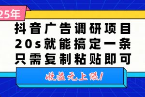 抖音广告调研项目，20s就能搞定一条，只需复制粘贴即可，收益无上限