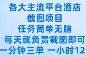 各大主流平台酒店截图项目，任务简单无脑，每天就负责截图即可，一分钟三单 ，一小时可以做120