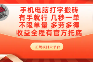 手机电脑打字搬砖,几秒一单,不限单量,多劳多得,收益全程有官方托底,正规项目大平台