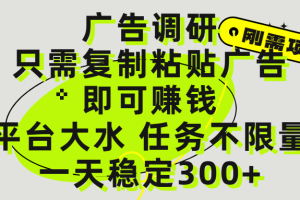 广告调研项目，只需复制粘贴广告即可赚钱，平台大水，任务不限量，一天300+