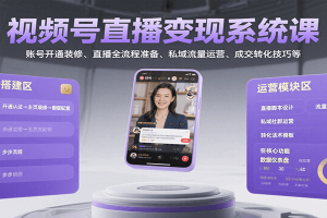 视频号直播变现系统课,账号开通装修、直播全流程准备、私域流量运营、成交转化技巧等
