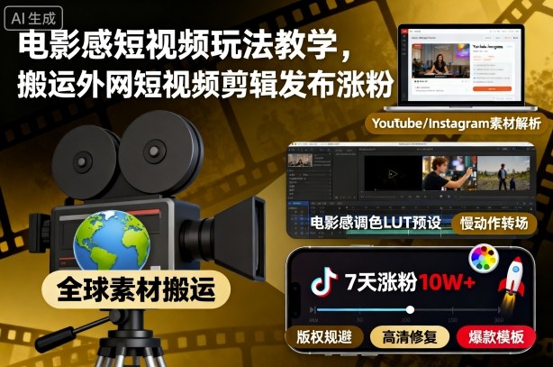 电影感短视频玩法教学，搬运外网短视频剪辑发布涨粉插图