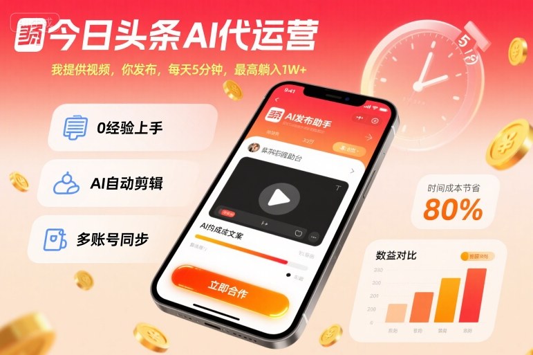 今日头条AI代运营，我提供视频，你发布，每天5分钟，最高躺入1W+【揭秘】插图