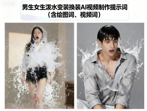 男生女生泼水变装换装AI视频制作提示词(含绘图词、视频词)插图 男生女生泼水变装换装AI视频制作提示词(含绘图词、视频词)插图
