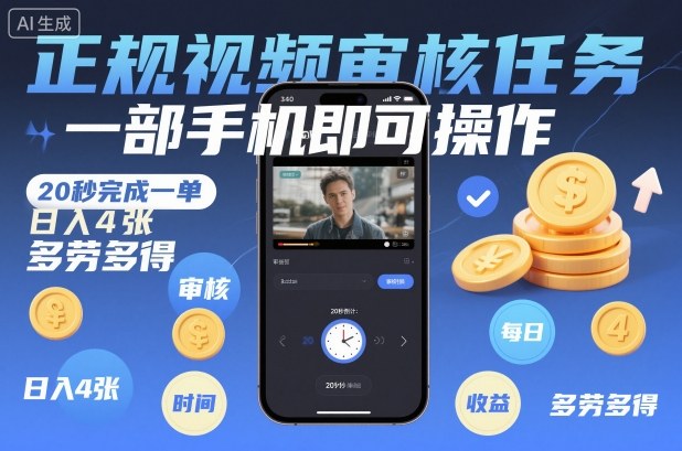 正规视频审核任务，一部手机即可操作，20秒完成一单，日入4张，多劳多得【揭秘】插图