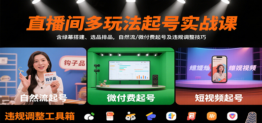 直播间多玩法起号实战课:含绿幕搭建、选品排品,自然流/微付费起号及违规调整技巧插图 直播间多玩法起号实战课:含绿幕搭建、选品排品,自然流/微付费起号及违规调整技巧插图
