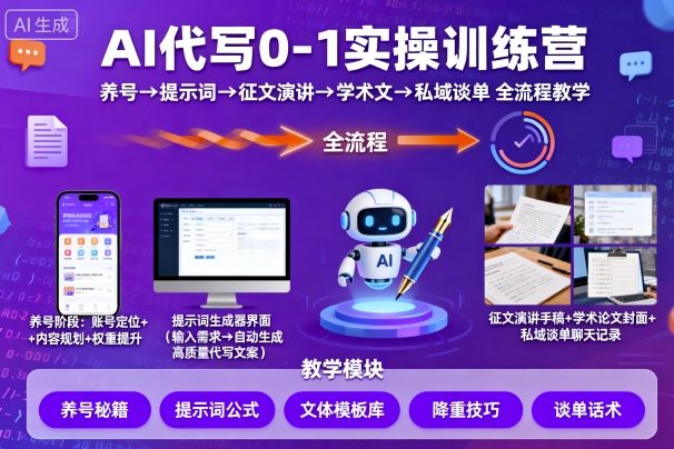 AI代写0-1实操训练营,从养号、提示词、征文演讲、学术文,到私域谈单的全流程教学插图 AI代写0-1实操训练营,从养号、提示词、征文演讲、学术文,到私域谈单的全流程教学插图