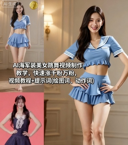 AI海军装美女跳舞视频制作教学,快速涨千粉万粉,视频教程+提示词(绘图词、动作词)插图 AI海军装美女跳舞视频制作教学,快速涨千粉万粉,视频教程+提示词(绘图词、动作词)插图
