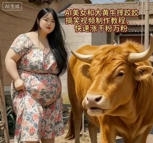 AI美女和大黄牛摔跤搞笑荒诞视频制作教程，快速涨千粉万粉插图
