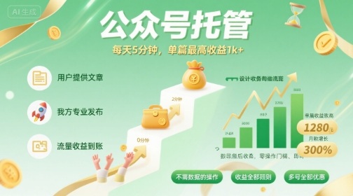 【公众号托管 】我提供文章,你发布,每天5分钟,单篇最高收益1k+【揭秘】插图 【公众号托管 】我提供文章,你发布,每天5分钟,单篇最高收益1k+【揭秘】插图