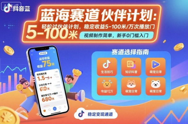 抖音蓝海赛道,轻松过伙伴计划,视频制作简单,万次播放收益在5-100米,稳定收益插图 抖音蓝海赛道,轻松过伙伴计划,视频制作简单,万次播放收益在5-100米,稳定收益插图