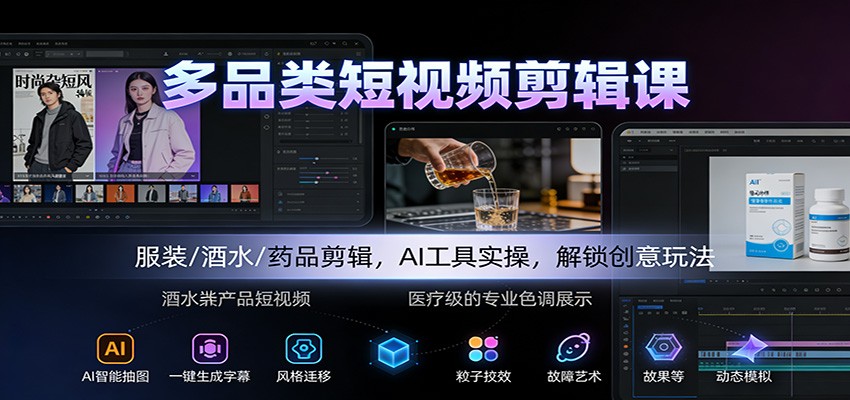 多品类短视频剪辑课：服装/酒水/药品剪辑，AI工具实操，解锁创意玩法插图