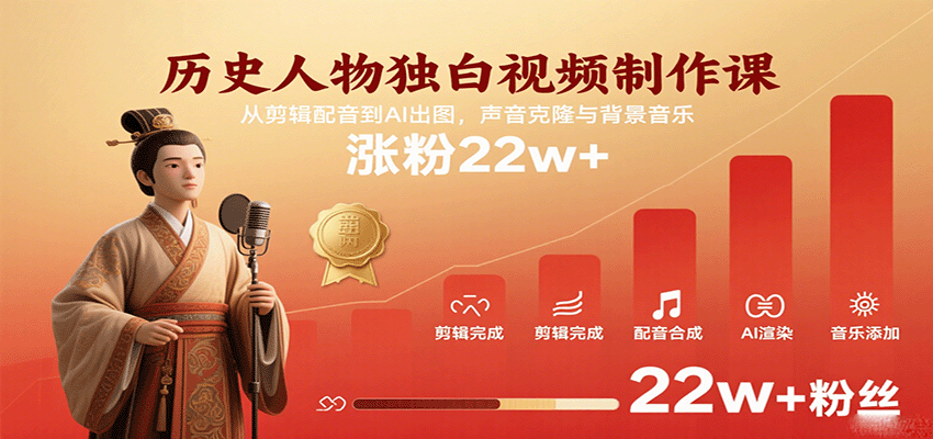 历史人物独白视频制作课,从剪辑配音到AI出图,声音克隆与背景音乐,涨粉22w+插图 历史人物独白视频制作课,从剪辑配音到AI出图,声音克隆与背景音乐,涨粉22w+插图