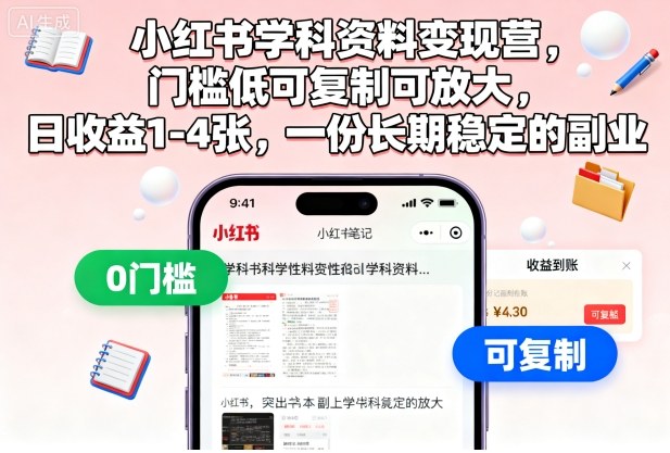 小红书学科资料变现营，门槛低可复制可放大，日收益1-4张，一份长期稳定的副业插图