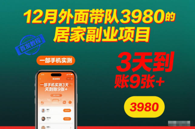 12月外面带队3980的居家副业项目，一部手机实测3天到账9张+，首发教程【揭秘】插图