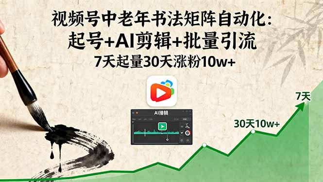 (16022期)视频号中老年书法矩阵自动化:起号+AI剪辑+批量引流 7天起量30天涨粉10w+插图 (16022期)视频号中老年书法矩阵自动化:起号+AI剪辑+批量引流 7天起量30天涨粉10w+插图