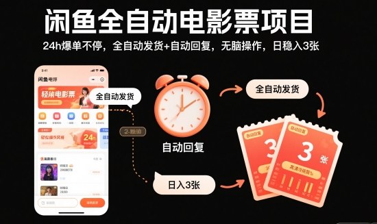 闲鱼全自动电影票项目，24h爆单不停，全自动发货+自动回复，无脑操作，日稳入3张【揭秘】插图