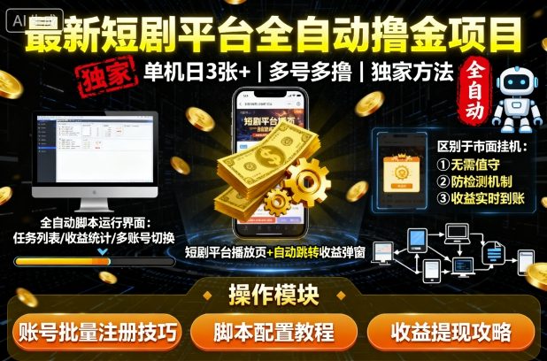 最新短剧平台全自动挂G撸金项目，单机一天3张+，多号多撸，区别于市面所有挂机项目，独家方法【揭秘】插图